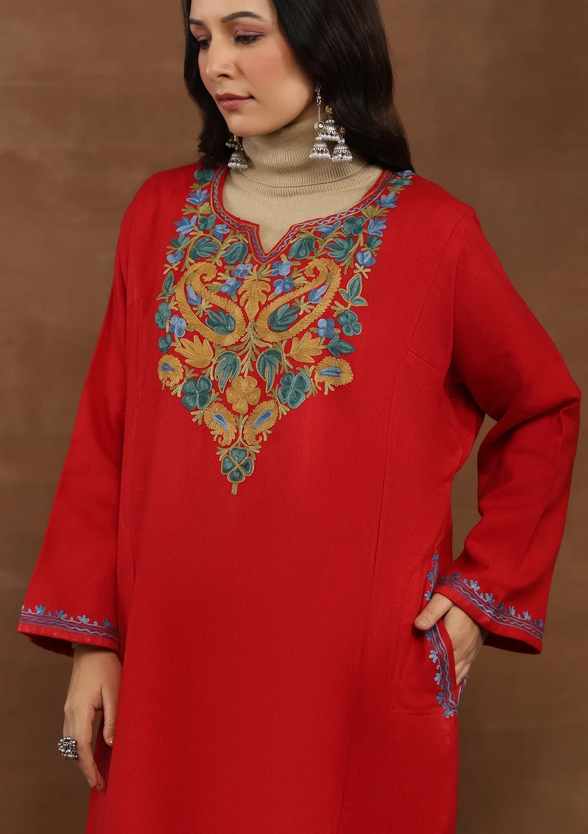 HOC Wool Aari Embroidered Solid Women's Phiran-Red - Image 2