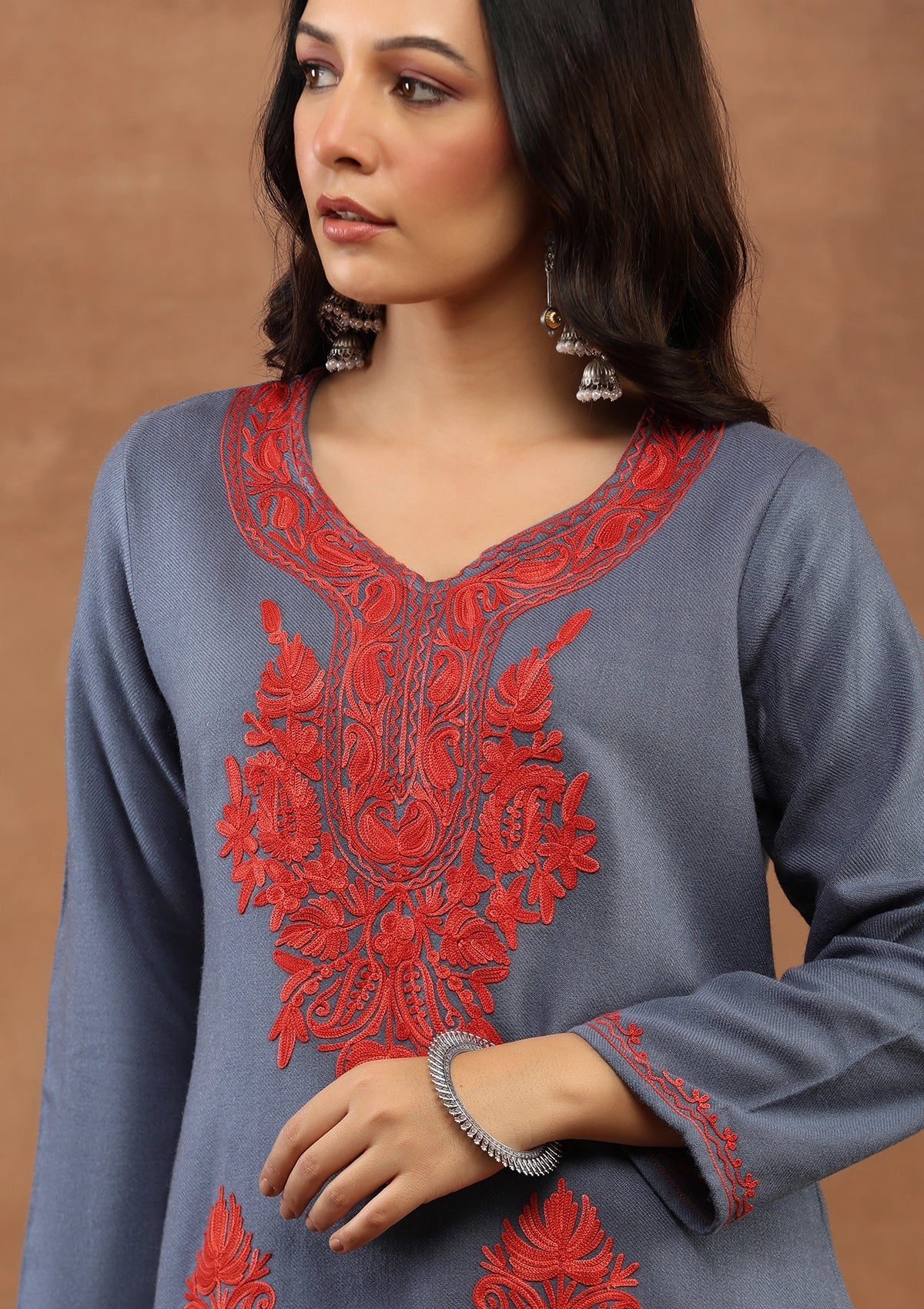 HOC Wool Aari Embroidered Solid Women's Short Kurta-Powder Blue - Image 2