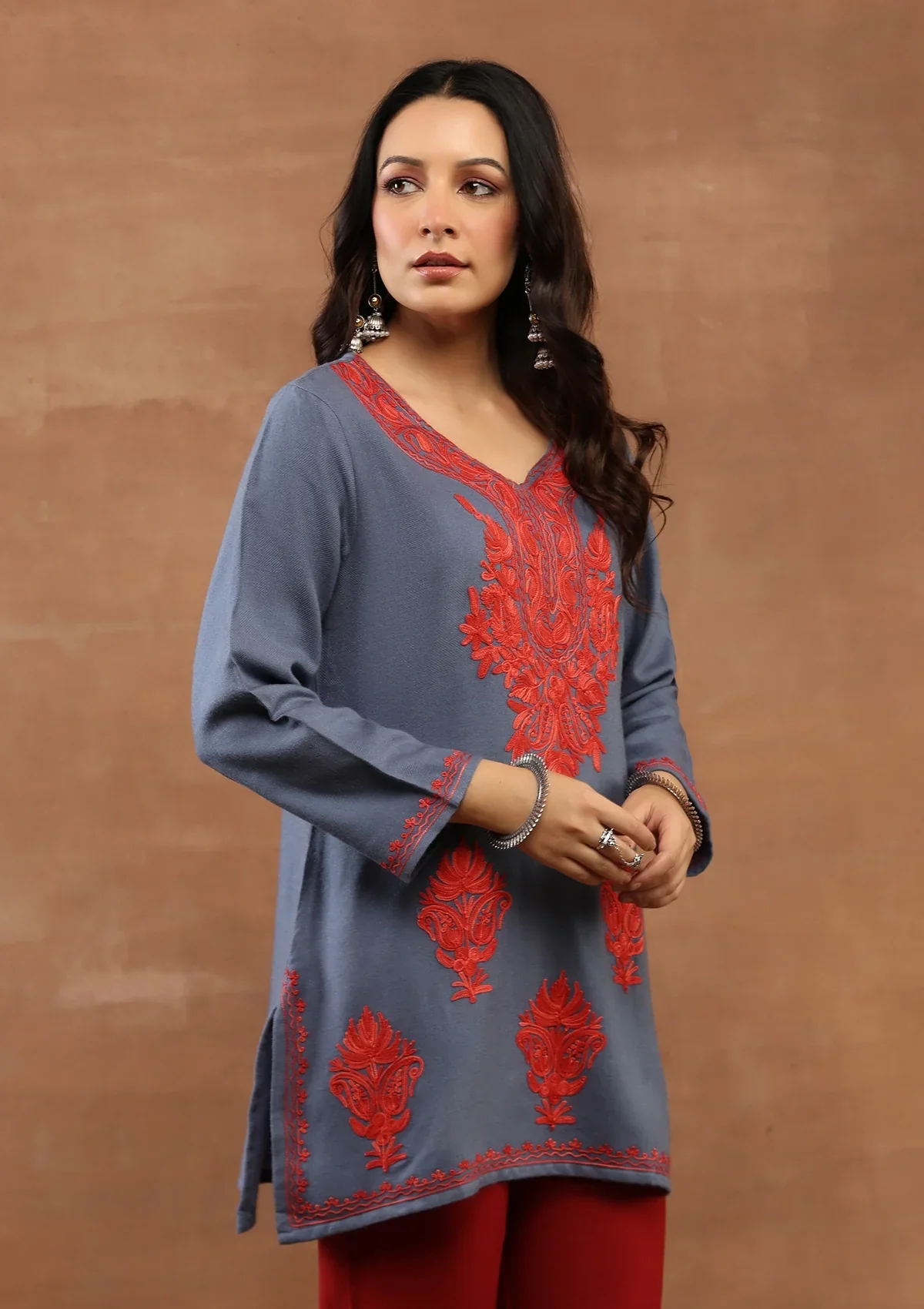 HOC Wool Aari Embroidered Solid Women's Short Kurta-Powder Blue - Image 3