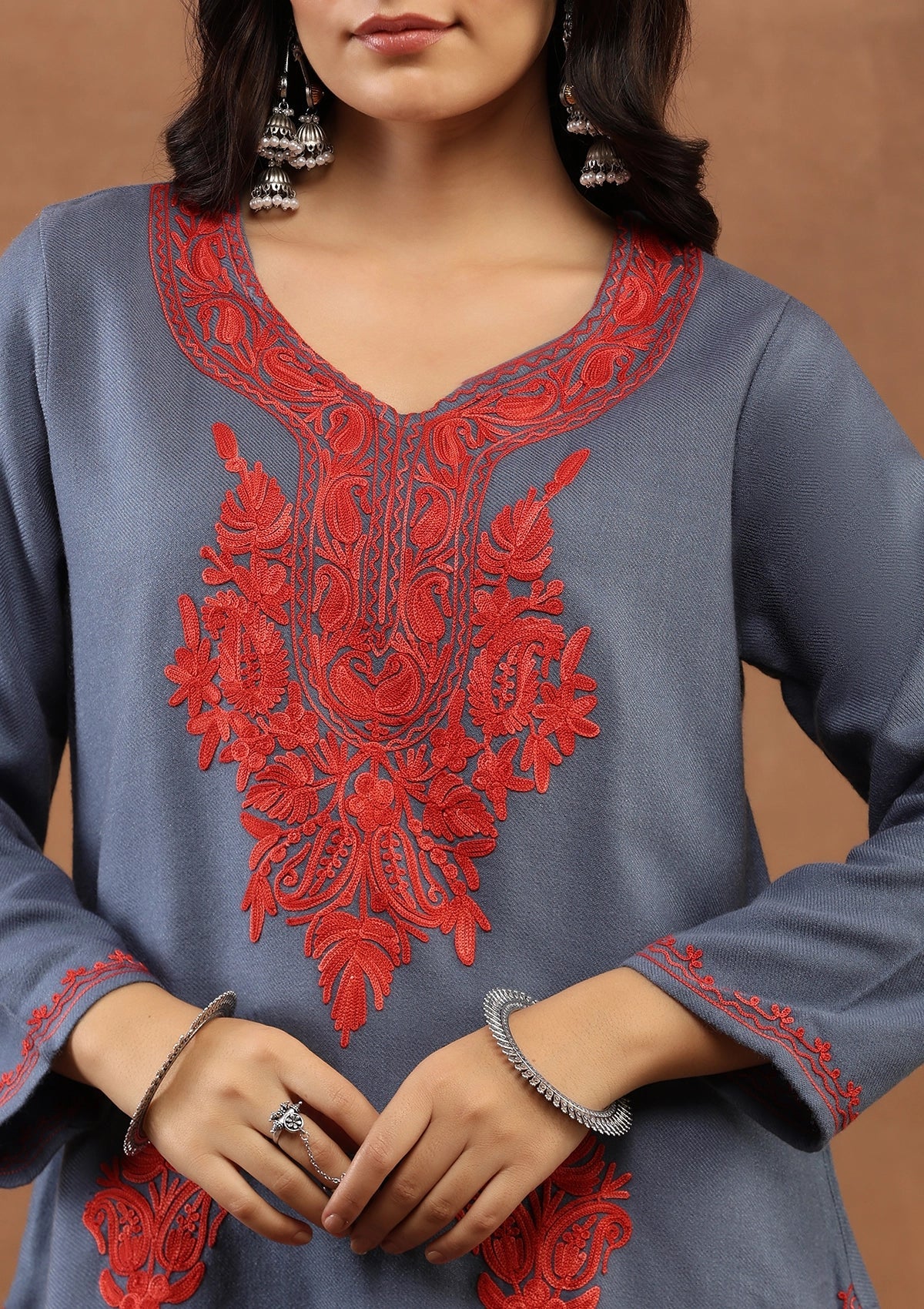 HOC Wool Aari Embroidered Solid Women's Short Kurta-Powder Blue - Image 5