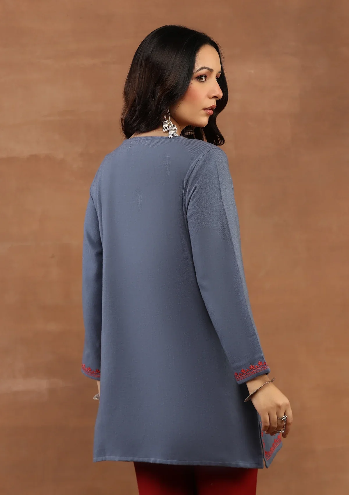 HOC Wool Aari Embroidered Solid Women's Short Kurta-Powder Blue - Image 6