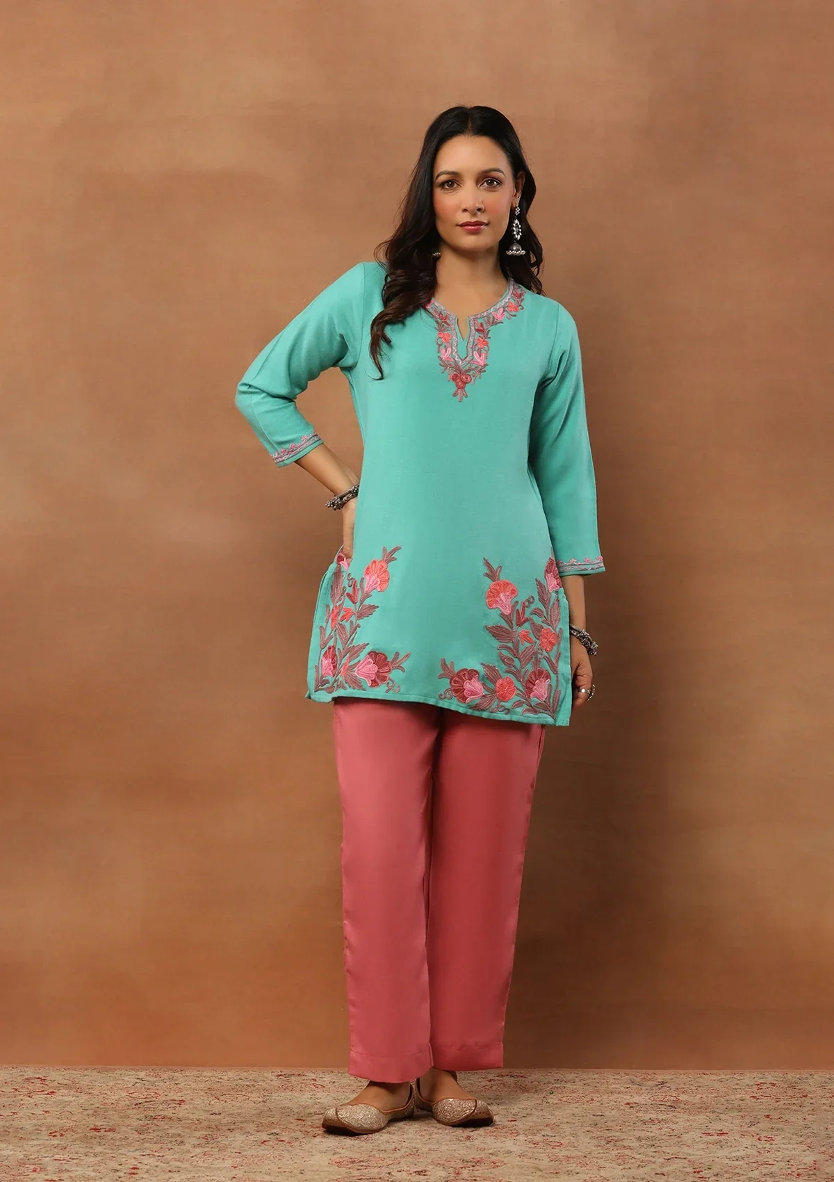 HOC Wool Aari Embroidered Solid Women's Short Kurta - Turquoise Blue - Image 3