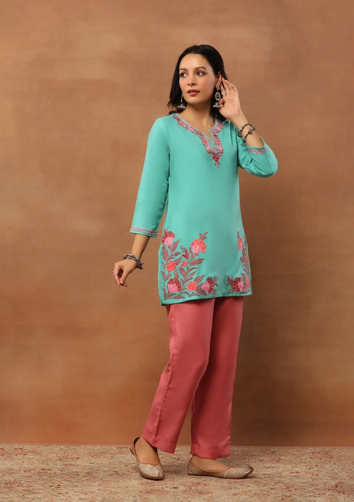 HOC Wool Aari Embroidered Solid Women's Short Kurta - Turquoise Blue - Image 5