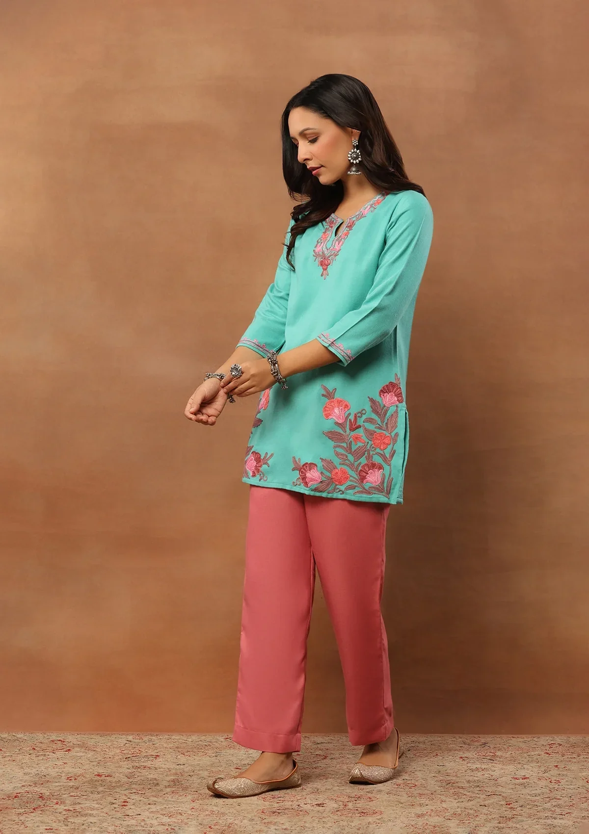 HOC Wool Aari Embroidered Solid Women's Short Kurta - Turquoise Blue - Image 6