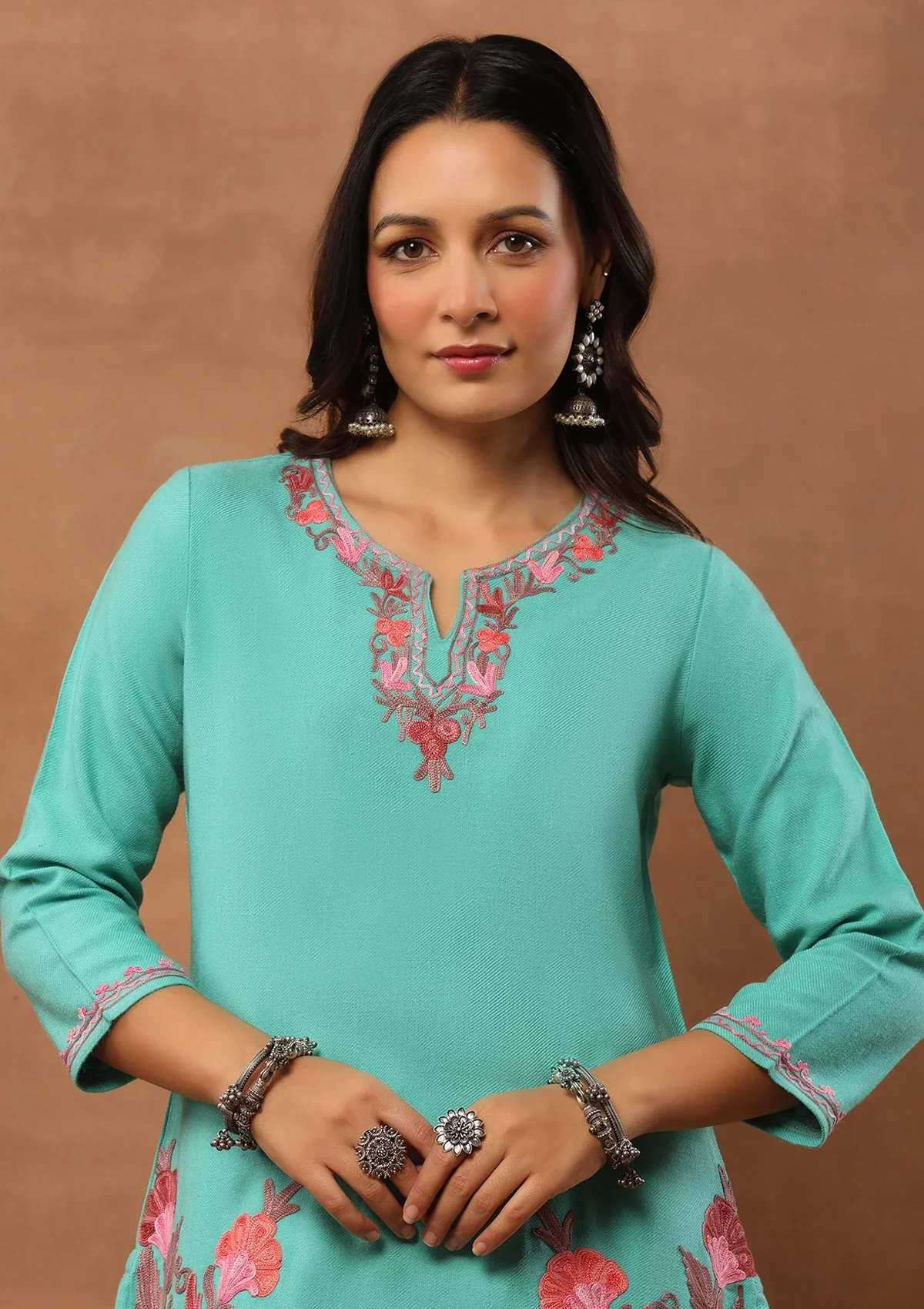 HOC Wool Aari Embroidered Solid Women's Short Kurta - Turquoise Blue - Image 7