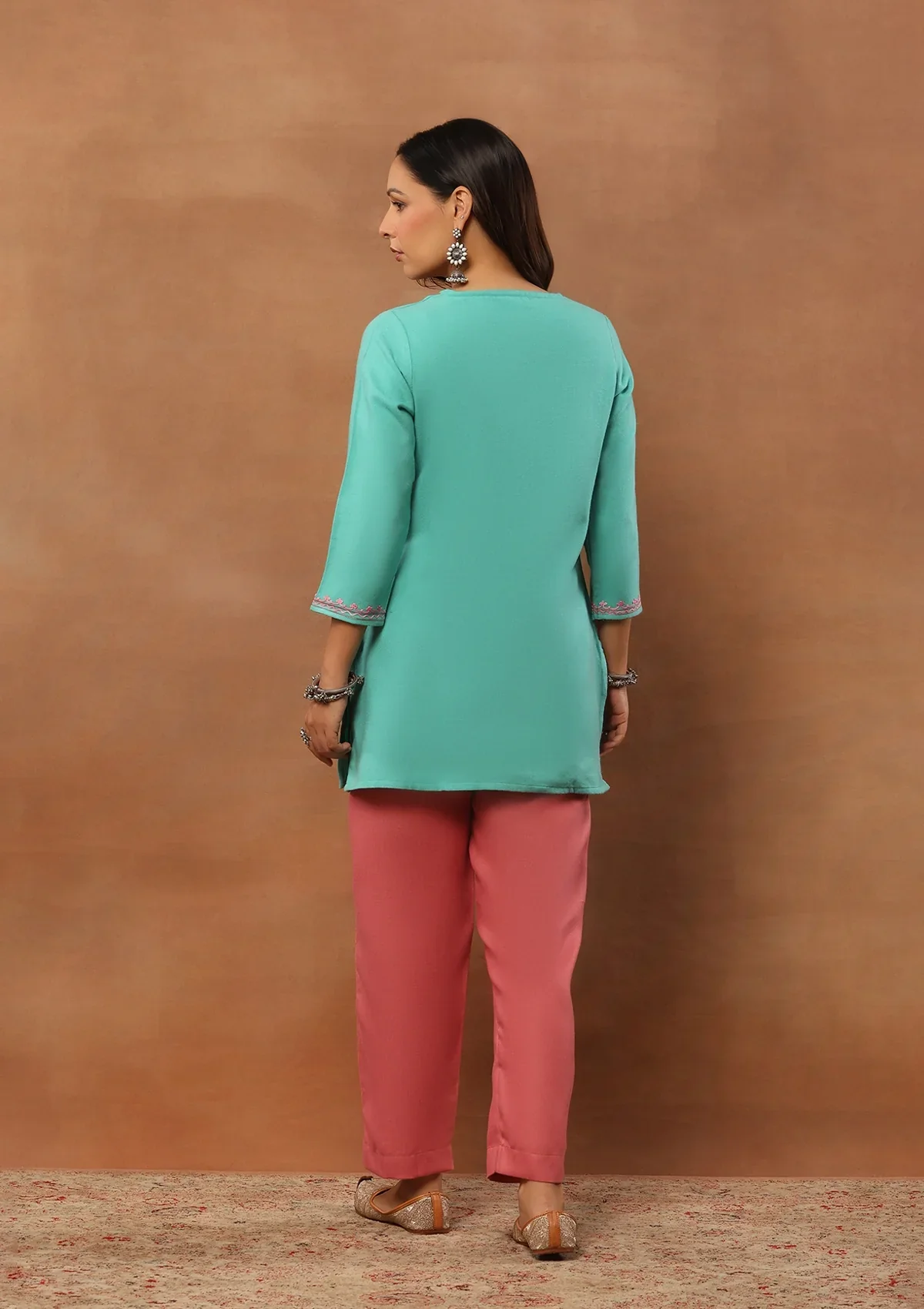 HOC Wool Aari Embroidered Solid Women's Short Kurta - Turquoise Blue - Image 8
