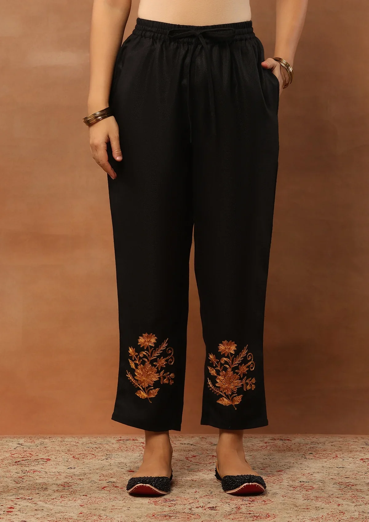 HOC Wool Aari Embroidered Straight Kurta Set With Dupatta-Black - Image 8