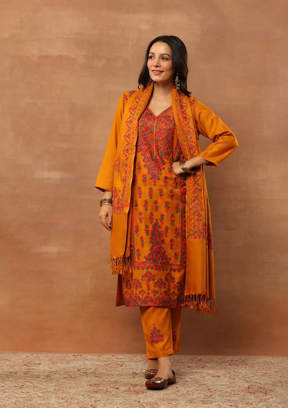 HOC Wool Aari Embroidered Straight Kurta Set With Dupatta-Mustard