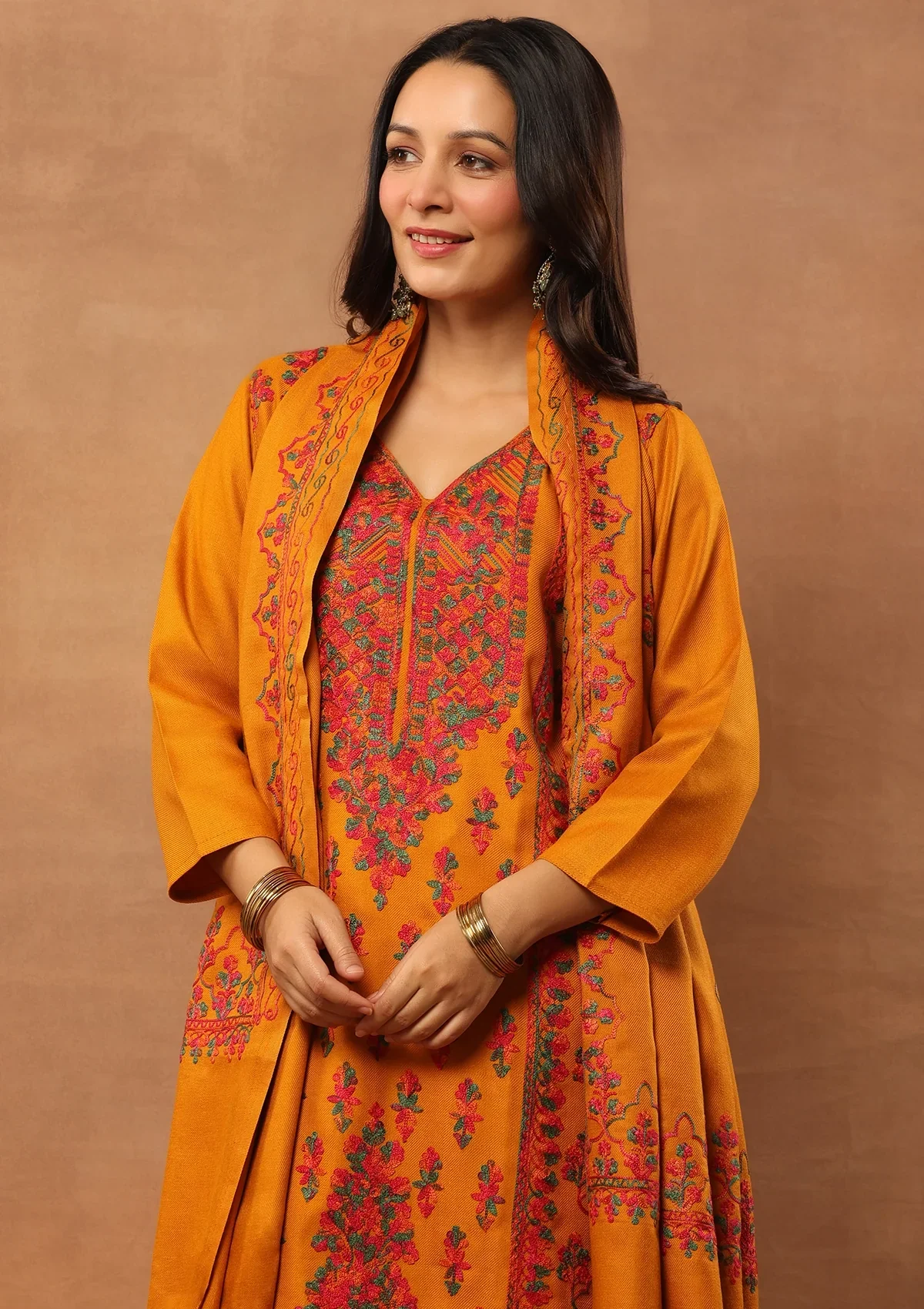 HOC Wool Aari Embroidered Straight Kurta Set With Dupatta-Mustard - Image 2