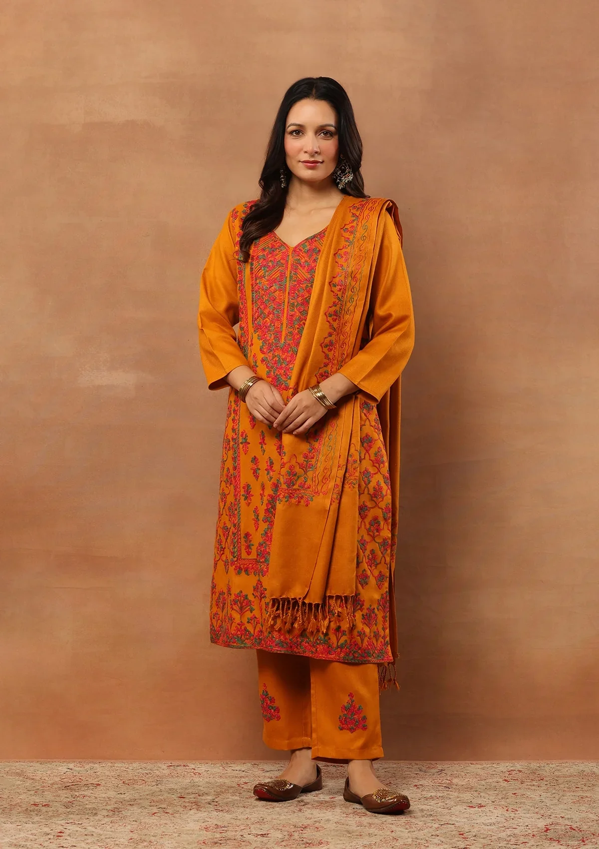 HOC Wool Aari Embroidered Straight Kurta Set With Dupatta-Mustard - Image 5