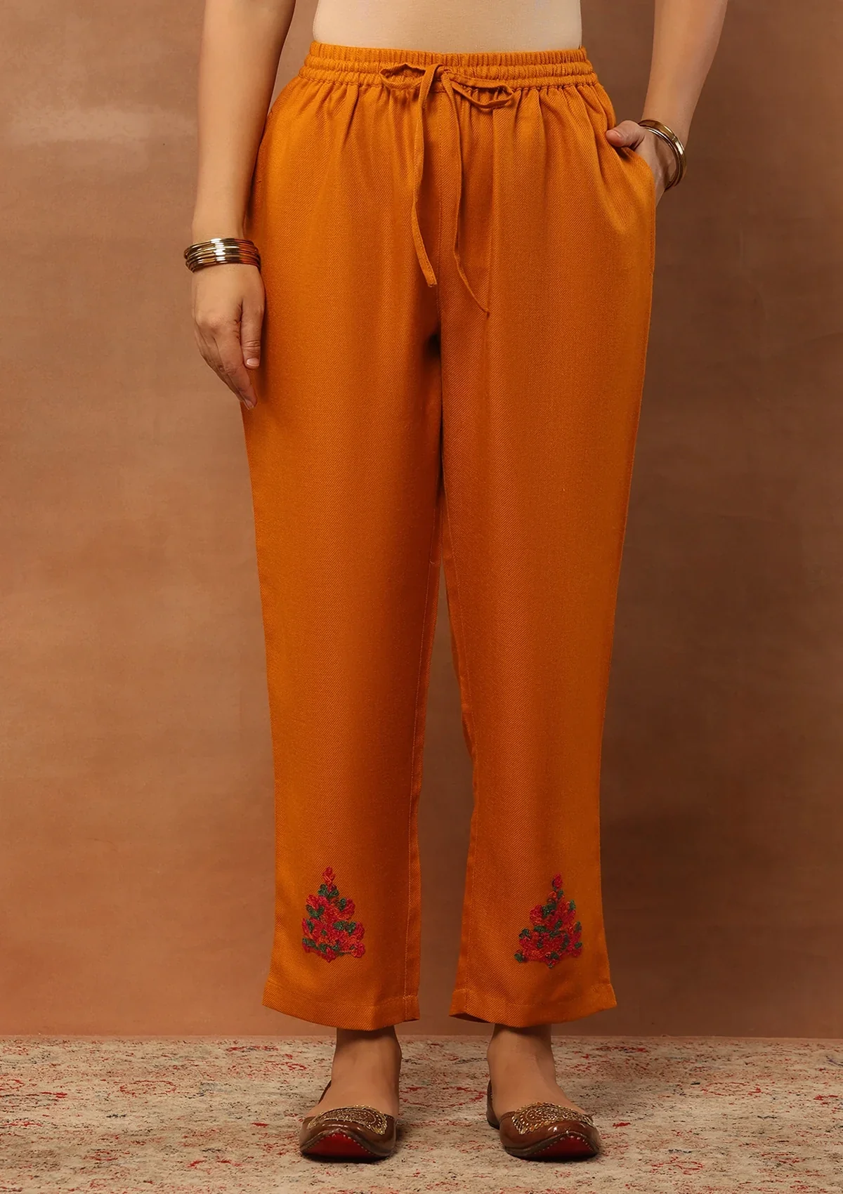 HOC Wool Aari Embroidered Straight Kurta Set With Dupatta-Mustard - Image 7