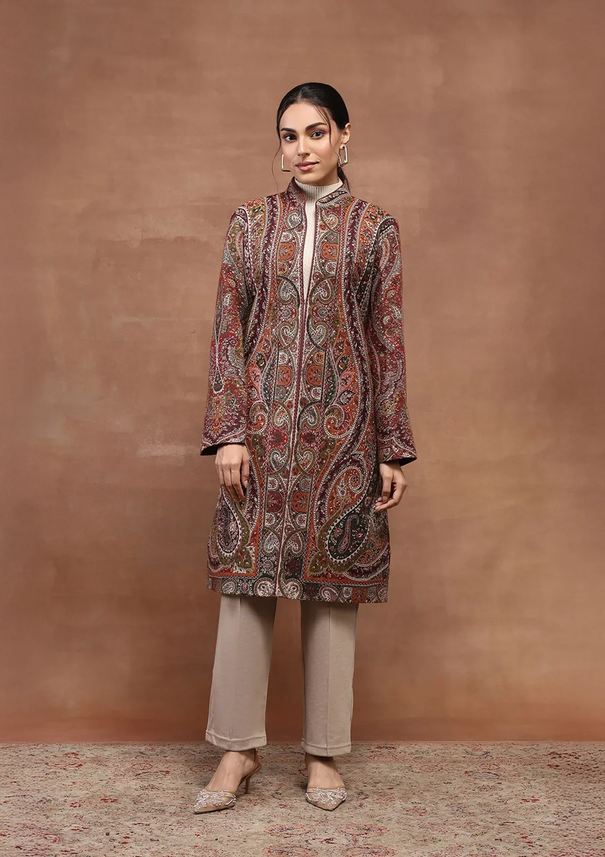 HOC Wool Kani Inspired Women's Long Jacket-Wine