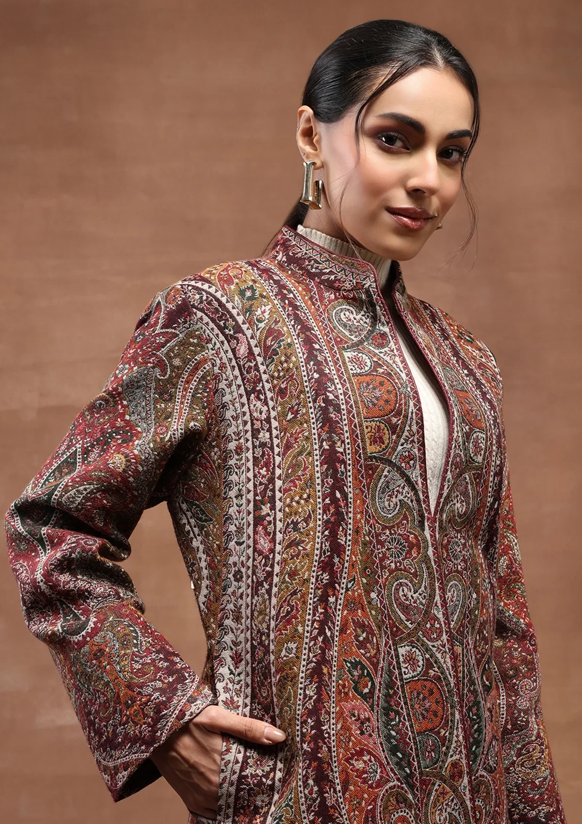 HOC Wool Kani Inspired Women's Long Jacket-Wine - Image 2