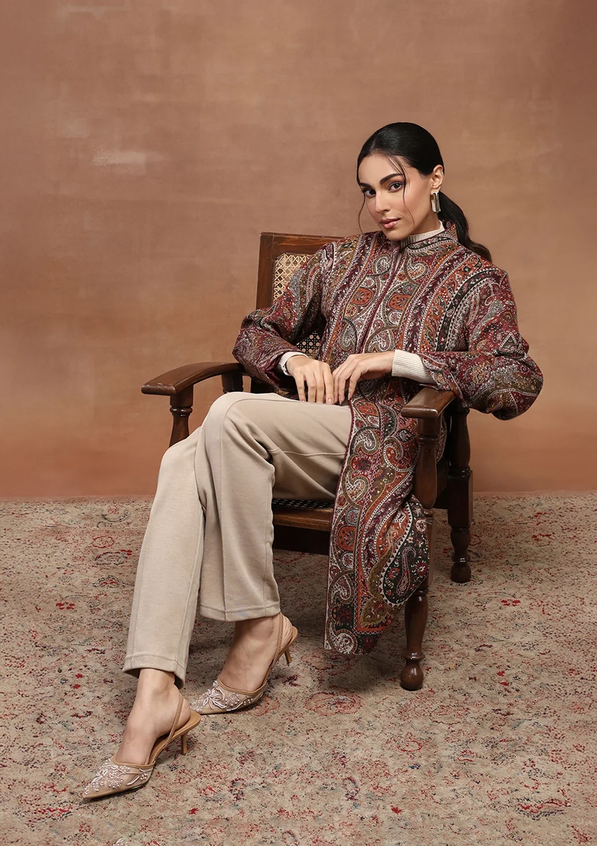 HOC Wool Kani Inspired Women's Long Jacket-Wine - Image 3