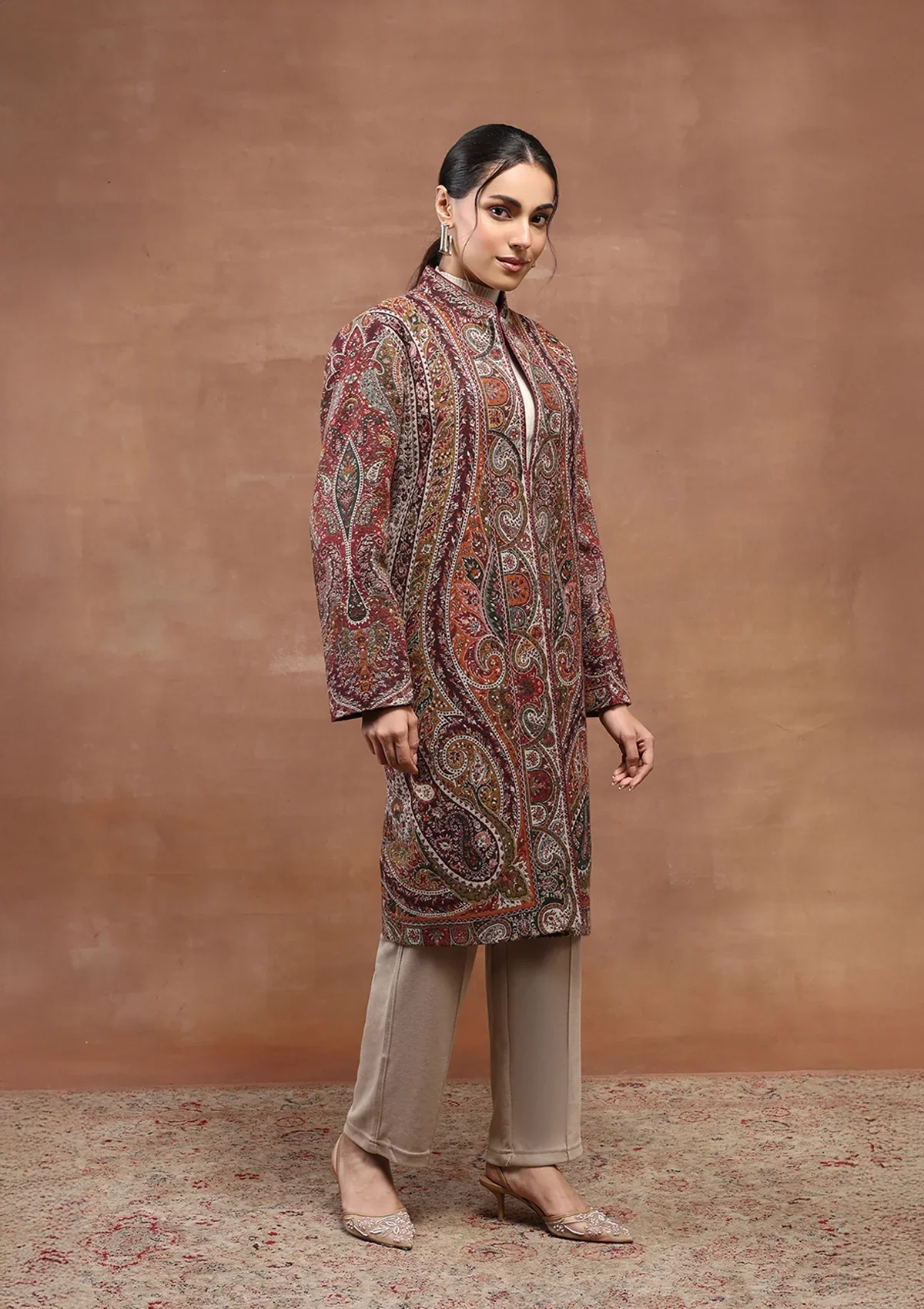 HOC Wool Kani Inspired Women's Long Jacket-Wine - Image 4