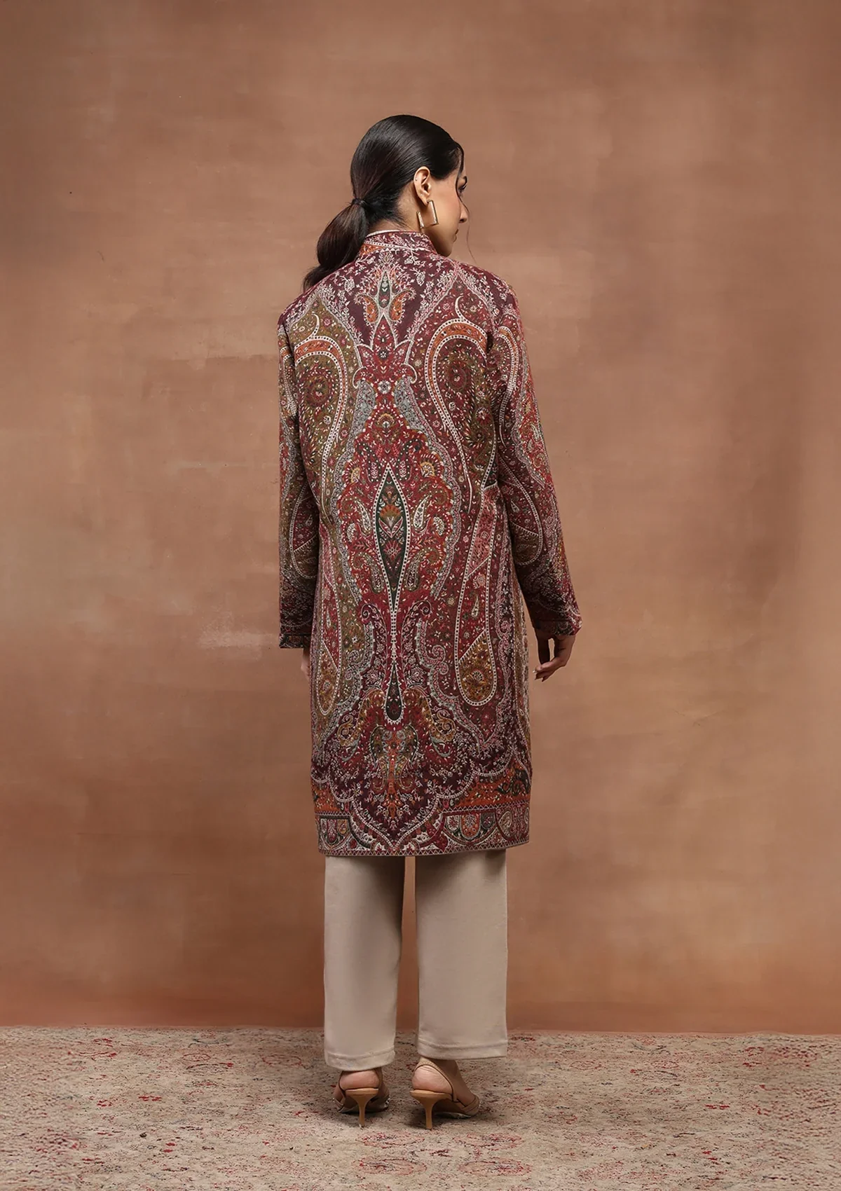 HOC Wool Kani Inspired Women's Long Jacket-Wine - Image 6