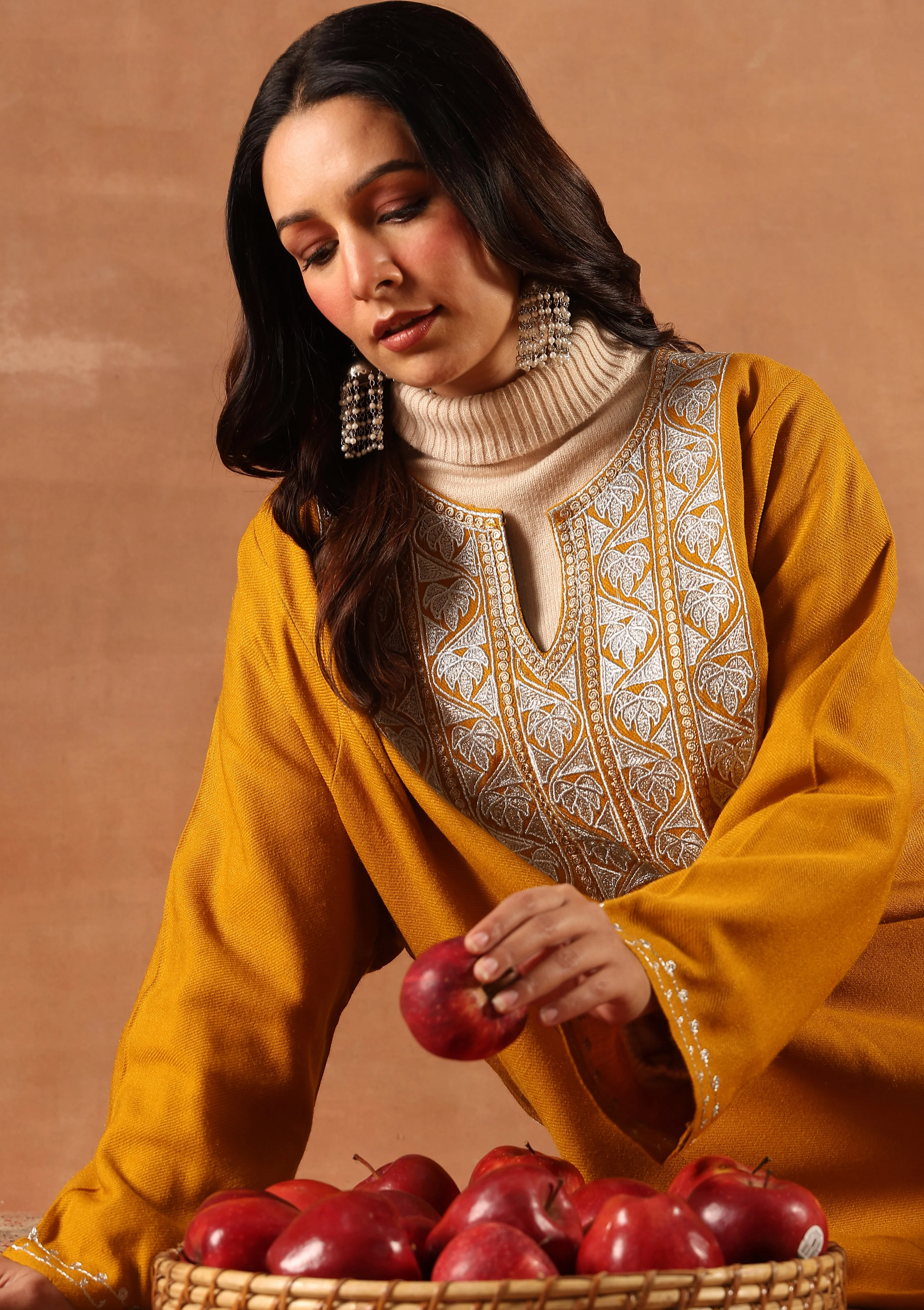 HOC Wool Sozni Inspired Solid Women's Long Phiran- Mustard - Image 2