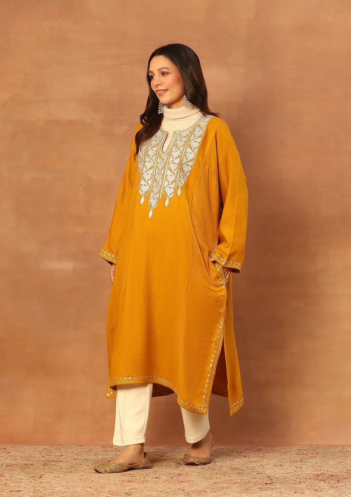HOC Wool Sozni Inspired Solid Women's Long Phiran- Mustard - Image 3