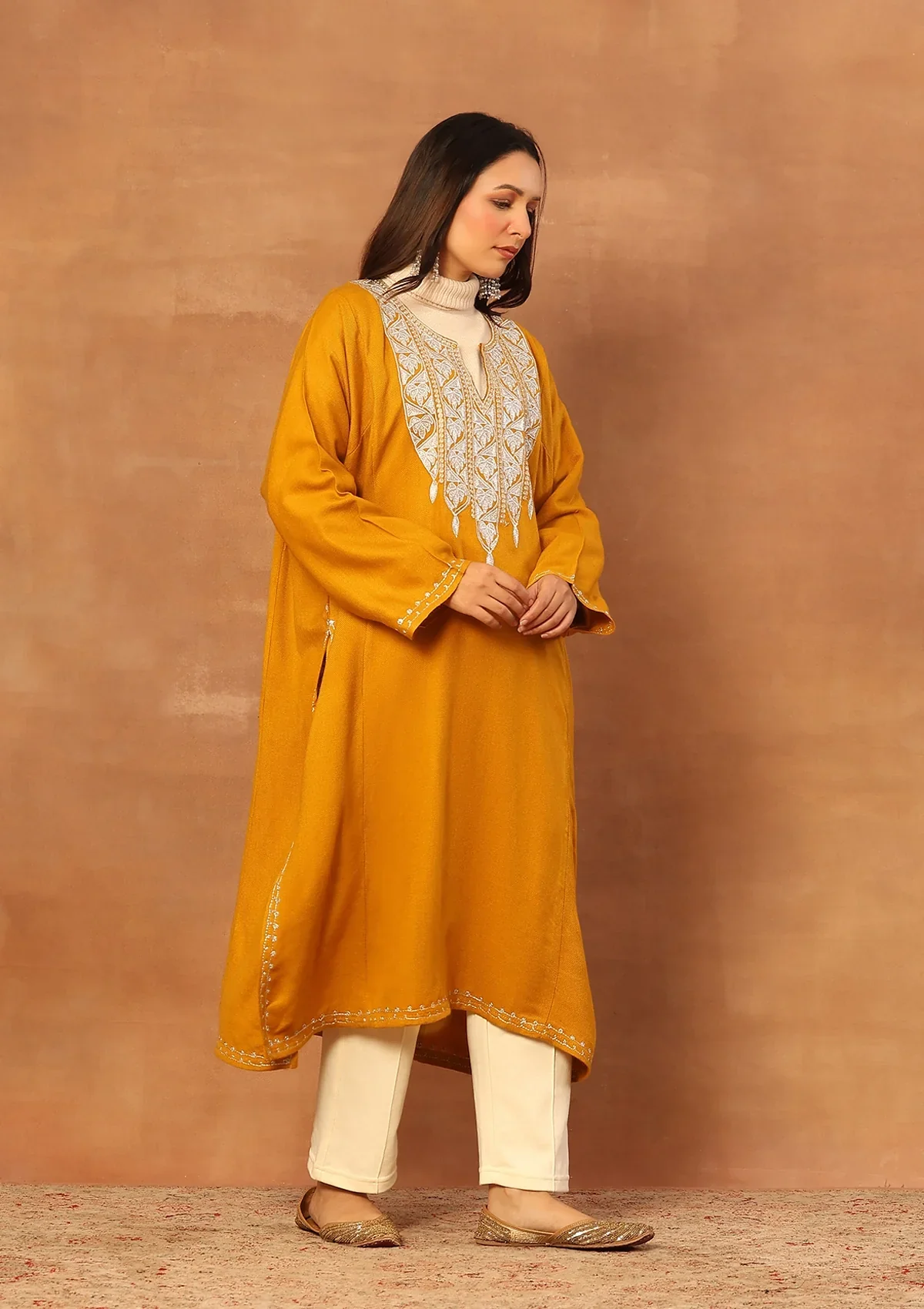 HOC Wool Sozni Inspired Solid Women's Long Phiran- Mustard - Image 7