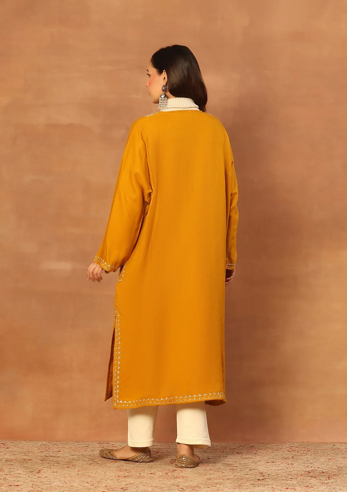 HOC Wool Sozni Inspired Solid Women's Long Phiran- Mustard - Image 9