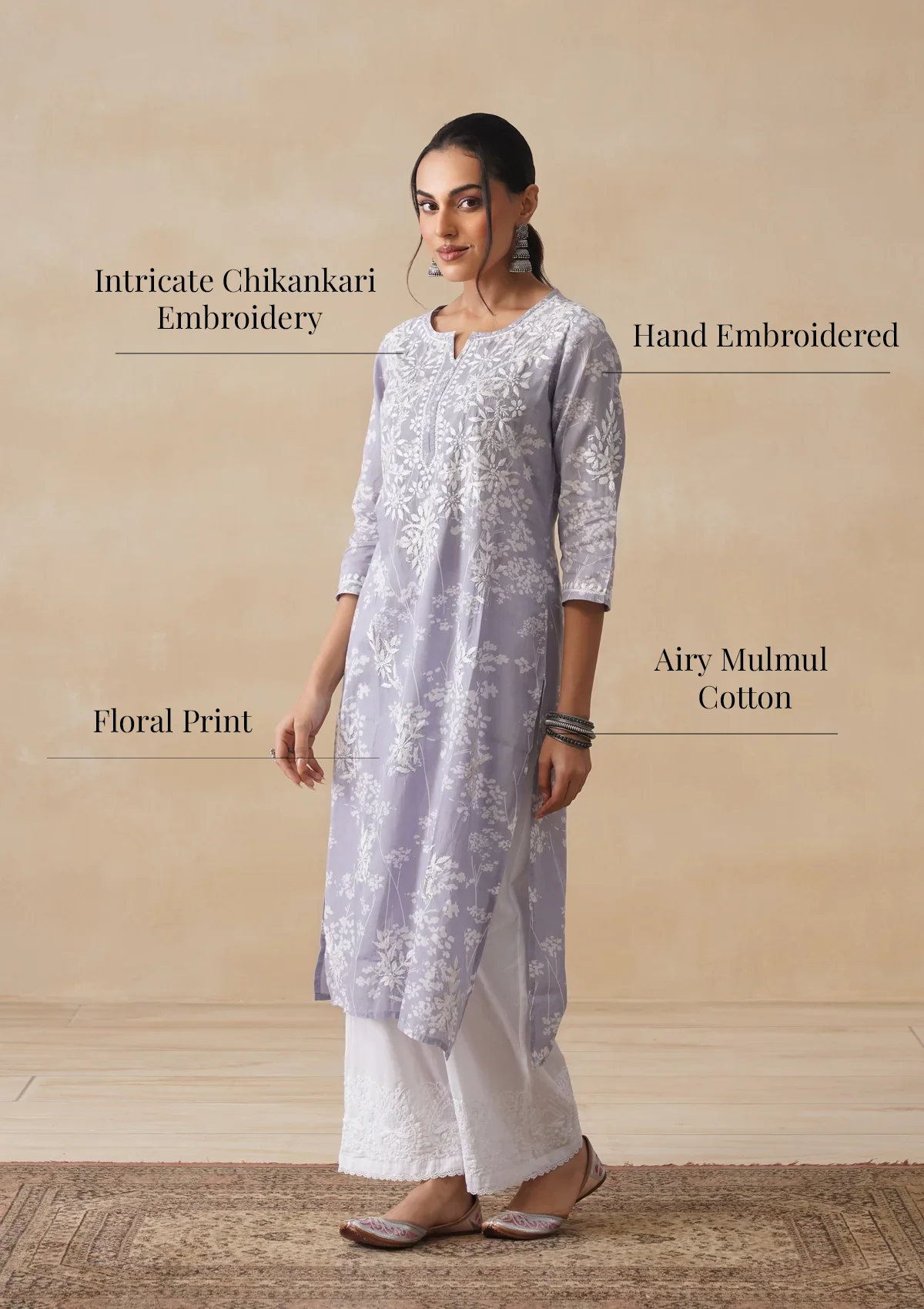 HOC Zainab Chikankari Mulmul Printed Straight Kurta -Grey - Image 10