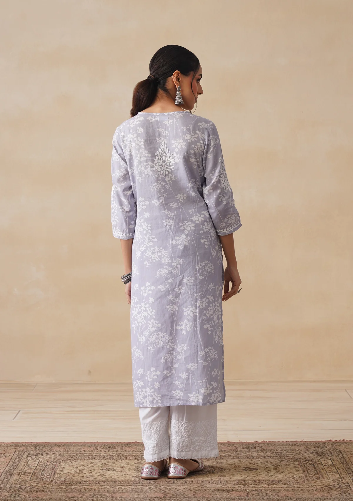HOC Zainab Chikankari Mulmul Printed Straight Kurta -Grey - Image 8