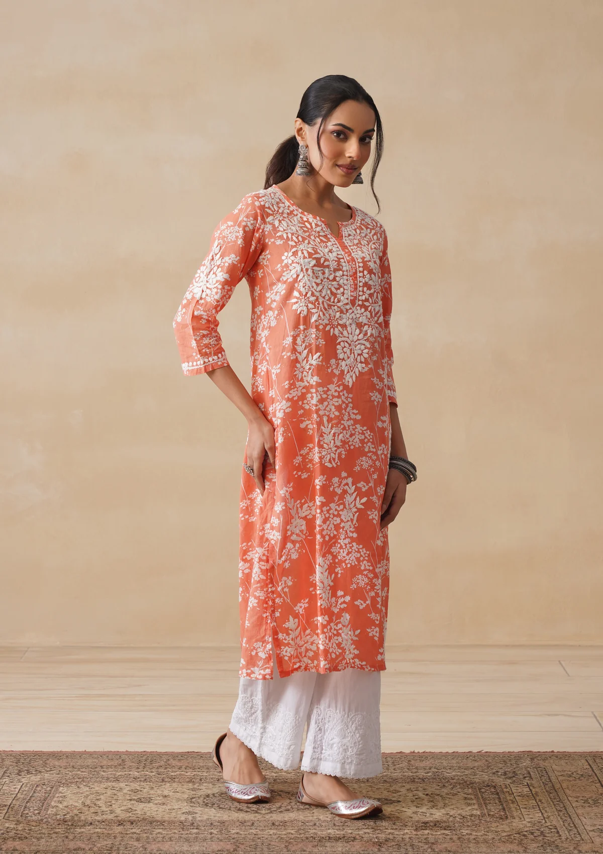 HOC Zainab Chikankari Mulmul Printed Straight Kurta -Orange - Image 3