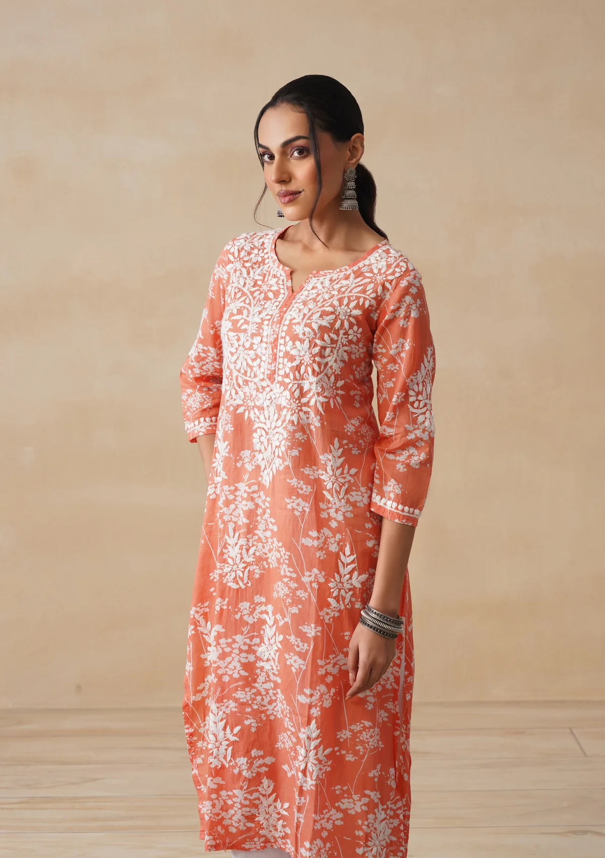 HOC Zainab Chikankari Mulmul Printed Straight Kurta -Orange - Image 6