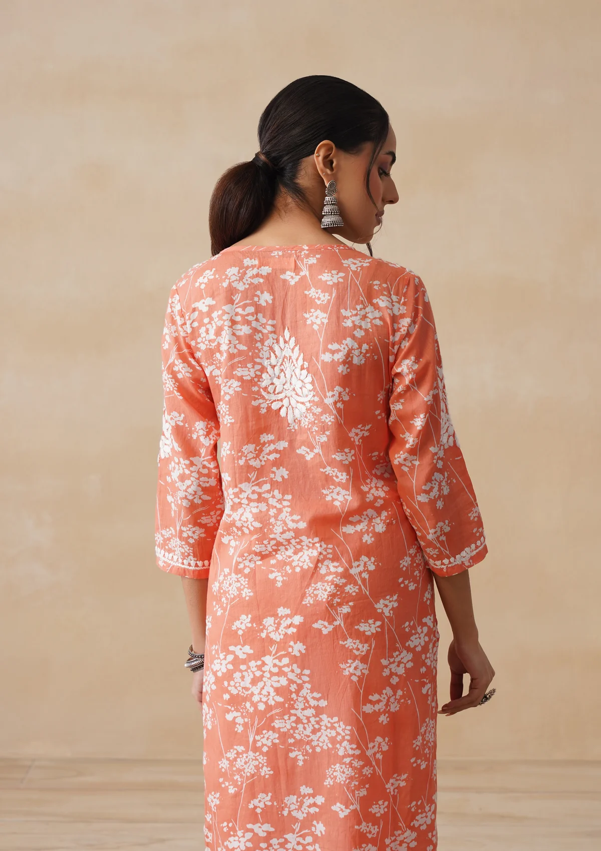 HOC Zainab Chikankari Mulmul Printed Straight Kurta -Orange - Image 8