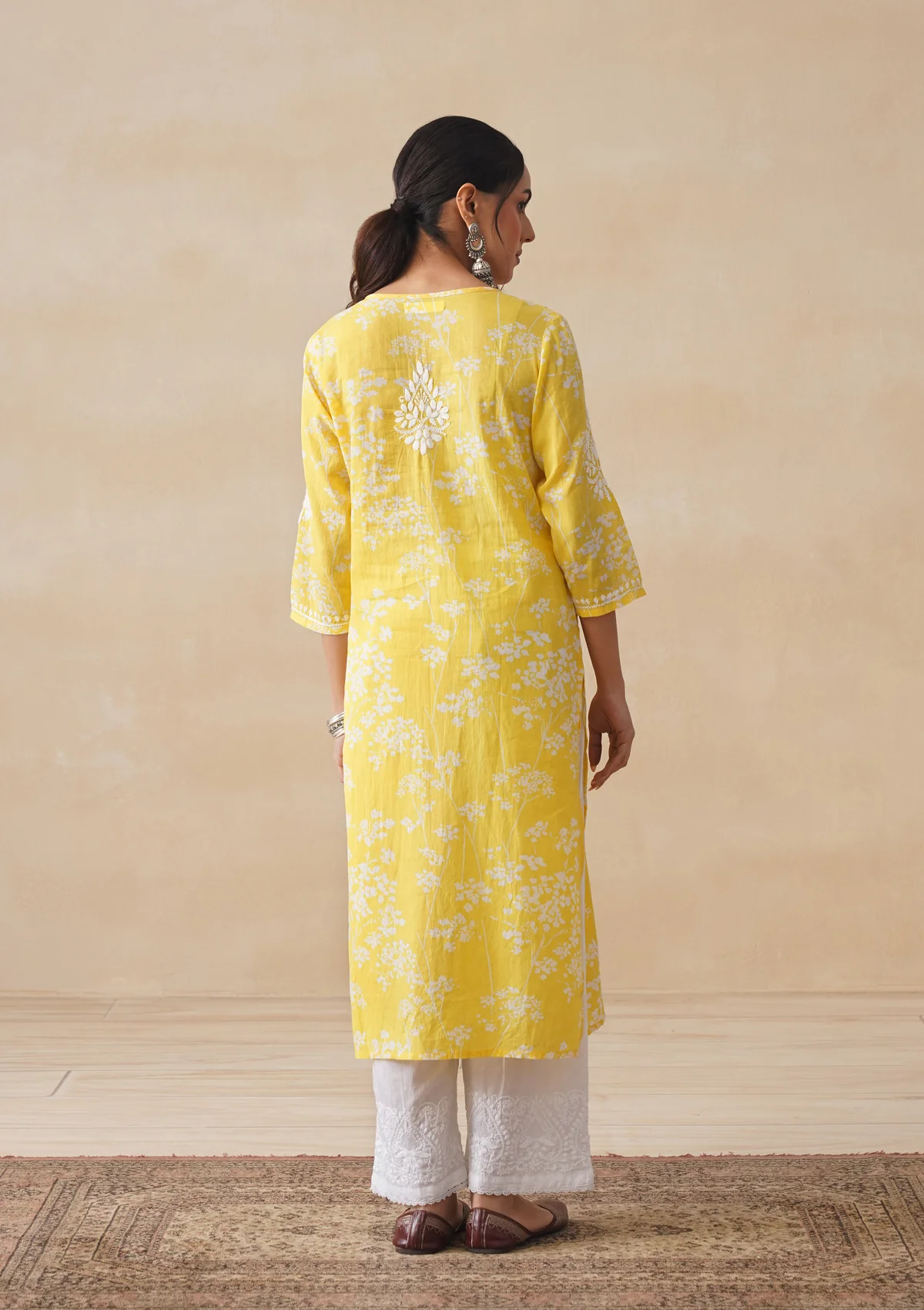 HOC Zainab Chikankari Mulmul Printed Straight Kurta -Yellow - Image 11