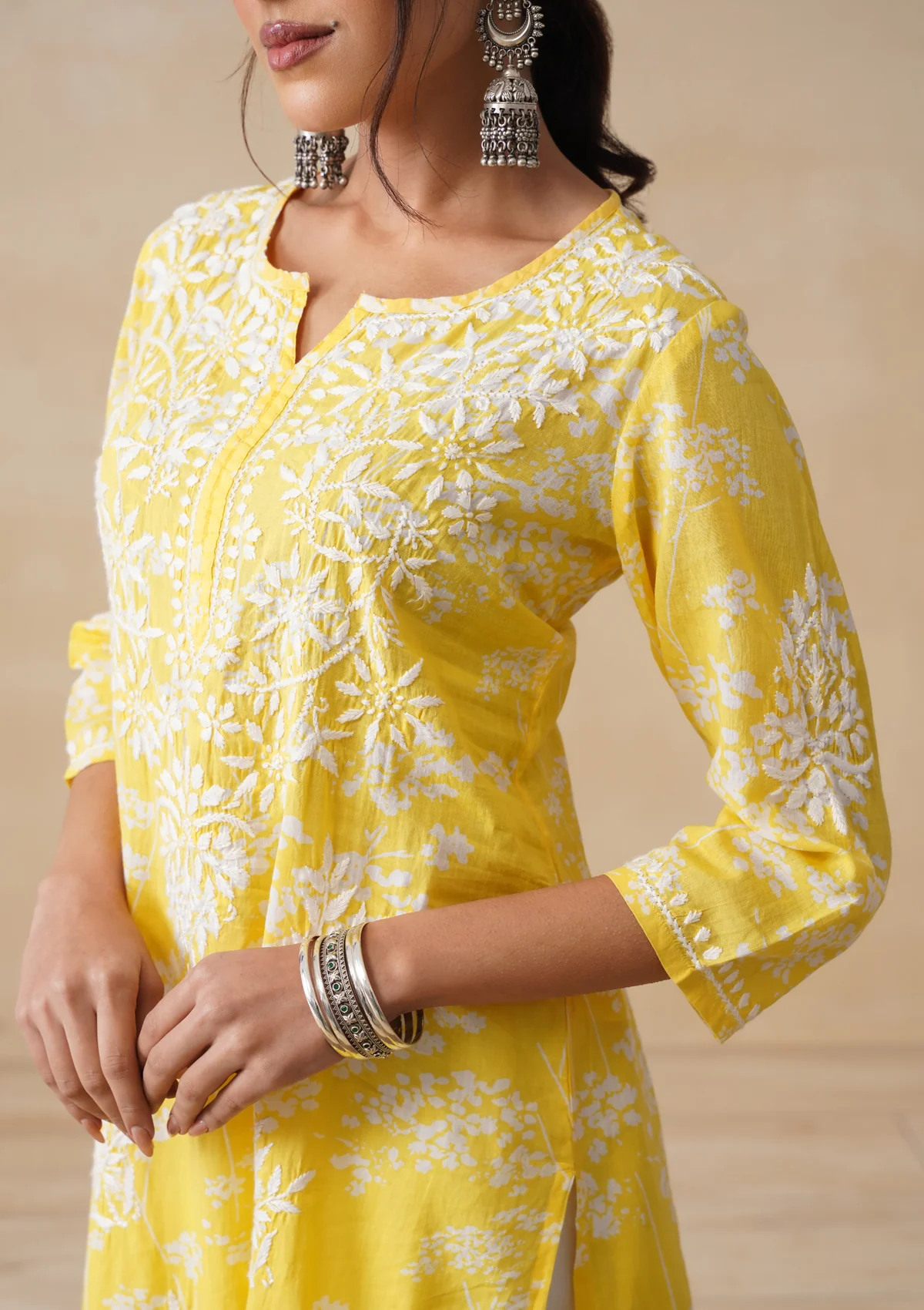 HOC Zainab Chikankari Mulmul Printed Straight Kurta -Yellow - Image 6