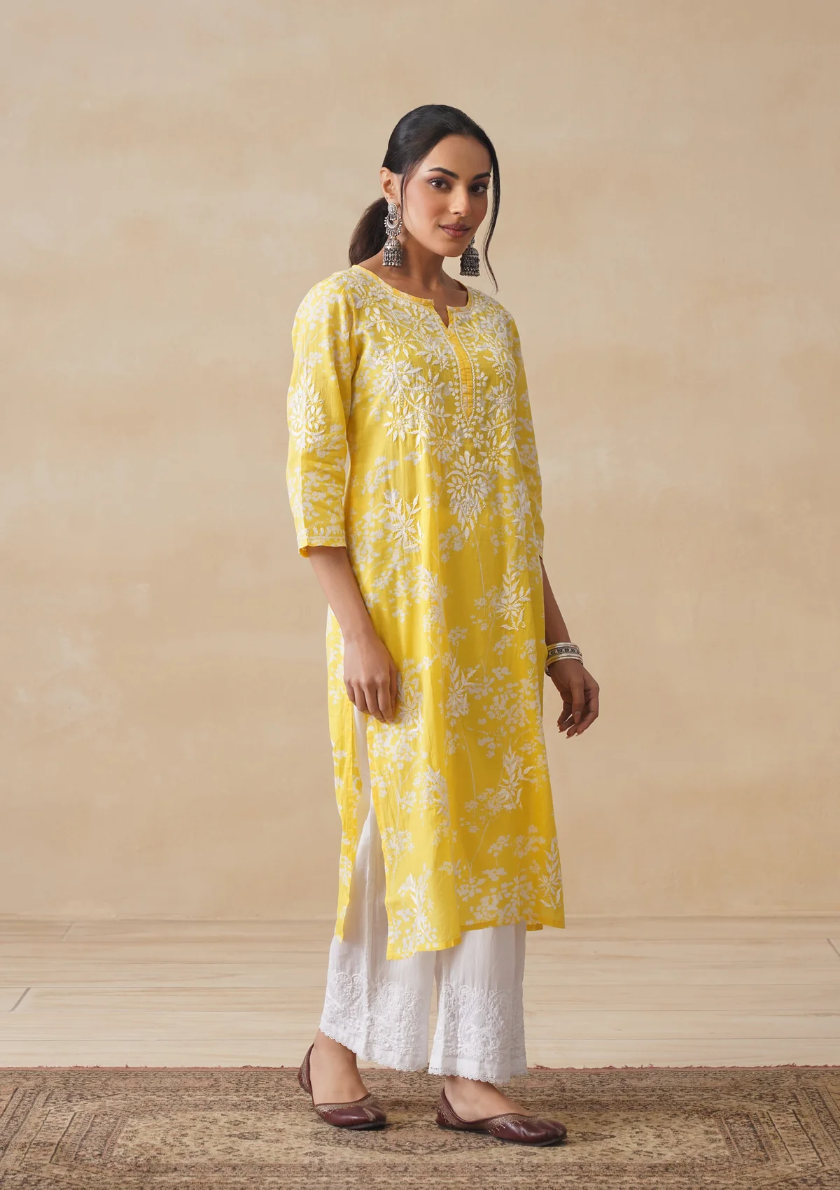 HOC Zainab Chikankari Mulmul Printed Straight Kurta -Yellow - Image 8