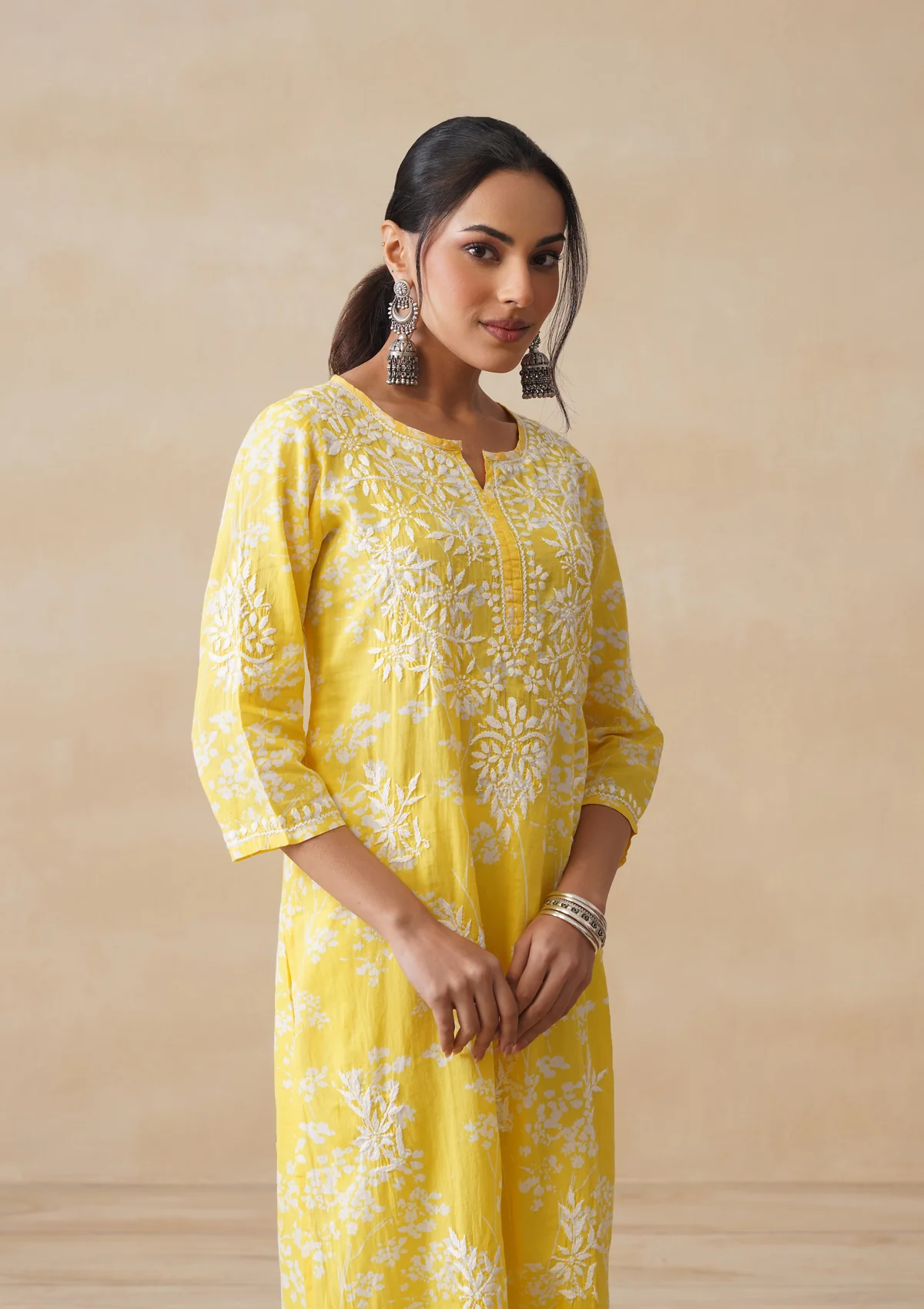 HOC Zainab Chikankari Mulmul Printed Straight Kurta -Yellow - Image 9