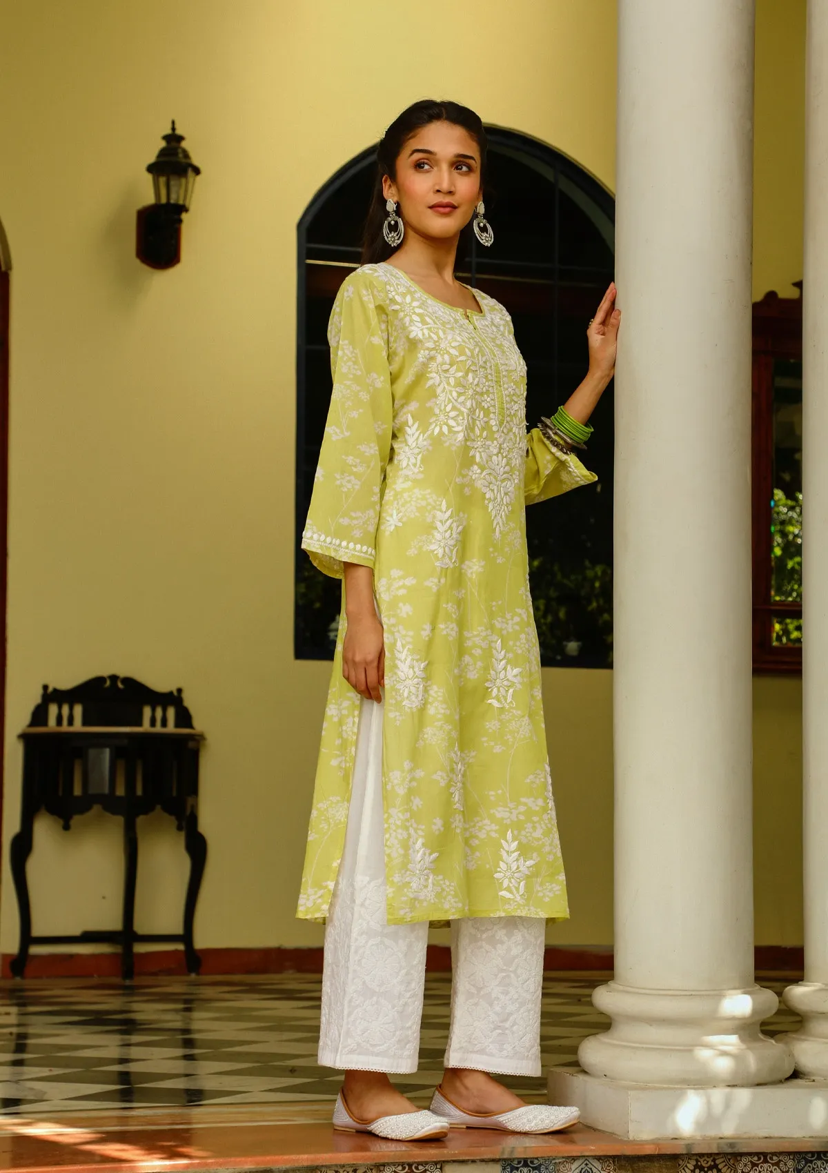 HOC Zainab Chikankari Mulmul Printed Straight Kurta -Green - Image 3