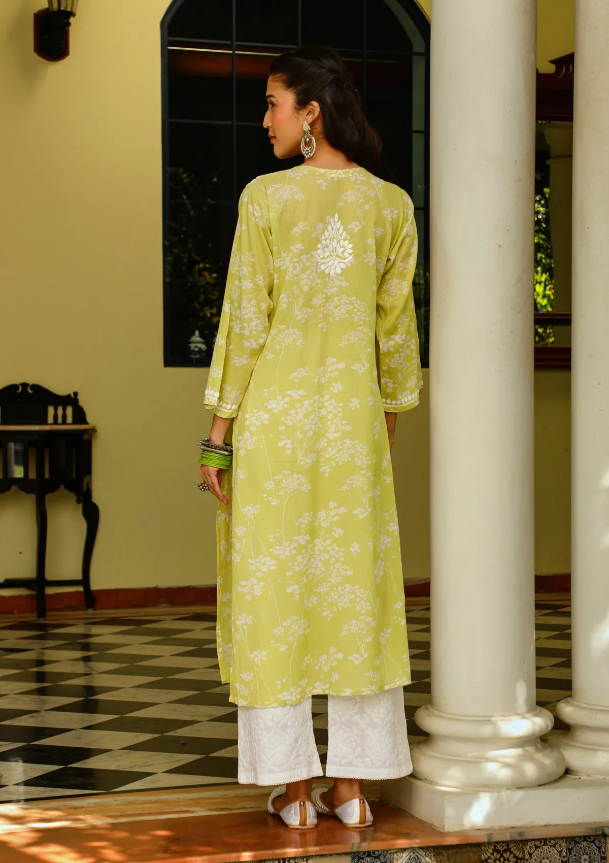 HOC Zainab Chikankari Mulmul Printed Straight Kurta -Green - Image 8