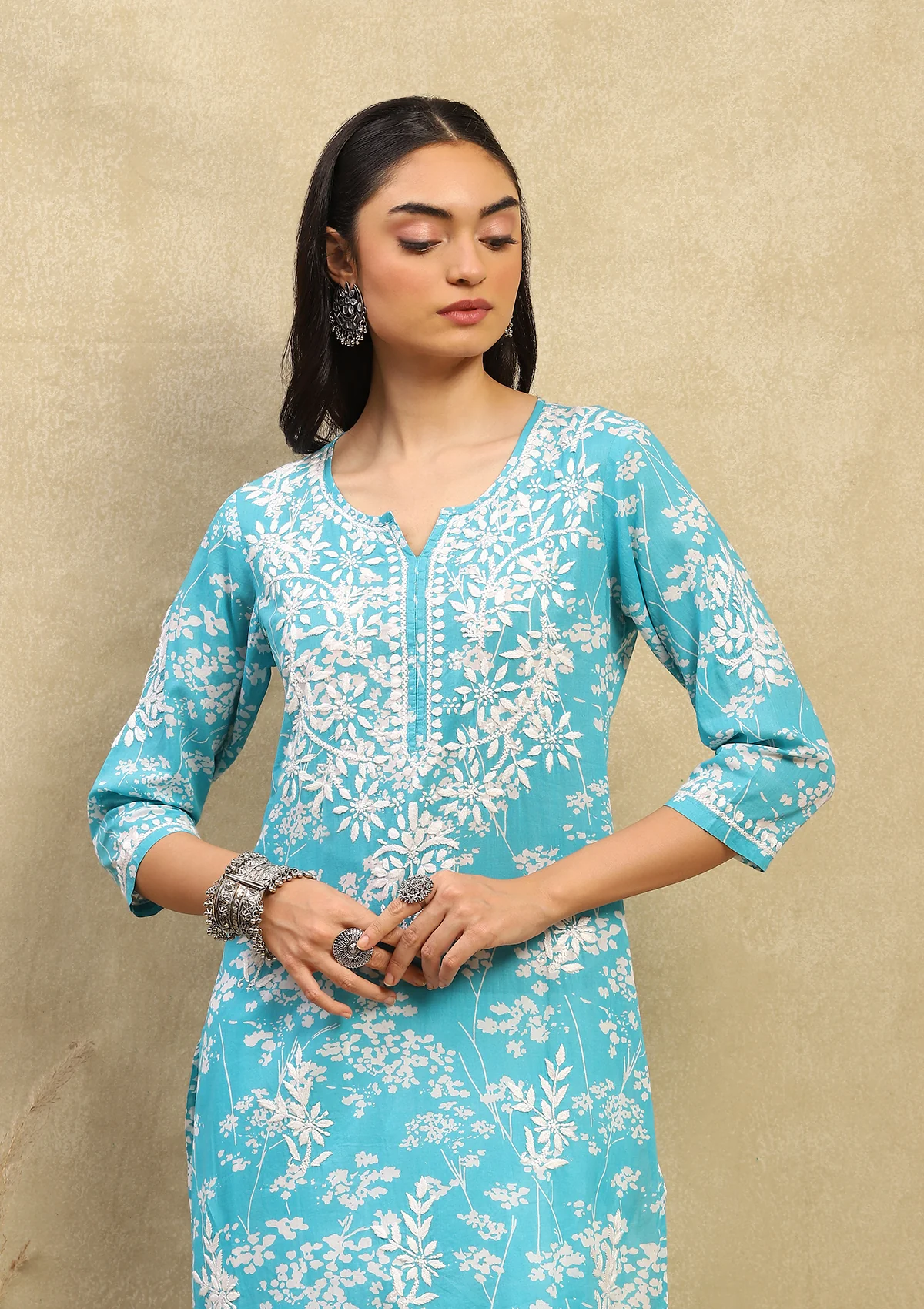 Zainab Mulmul Chikankari Printed Straight Kurta-Turquoise Blue - Image 2