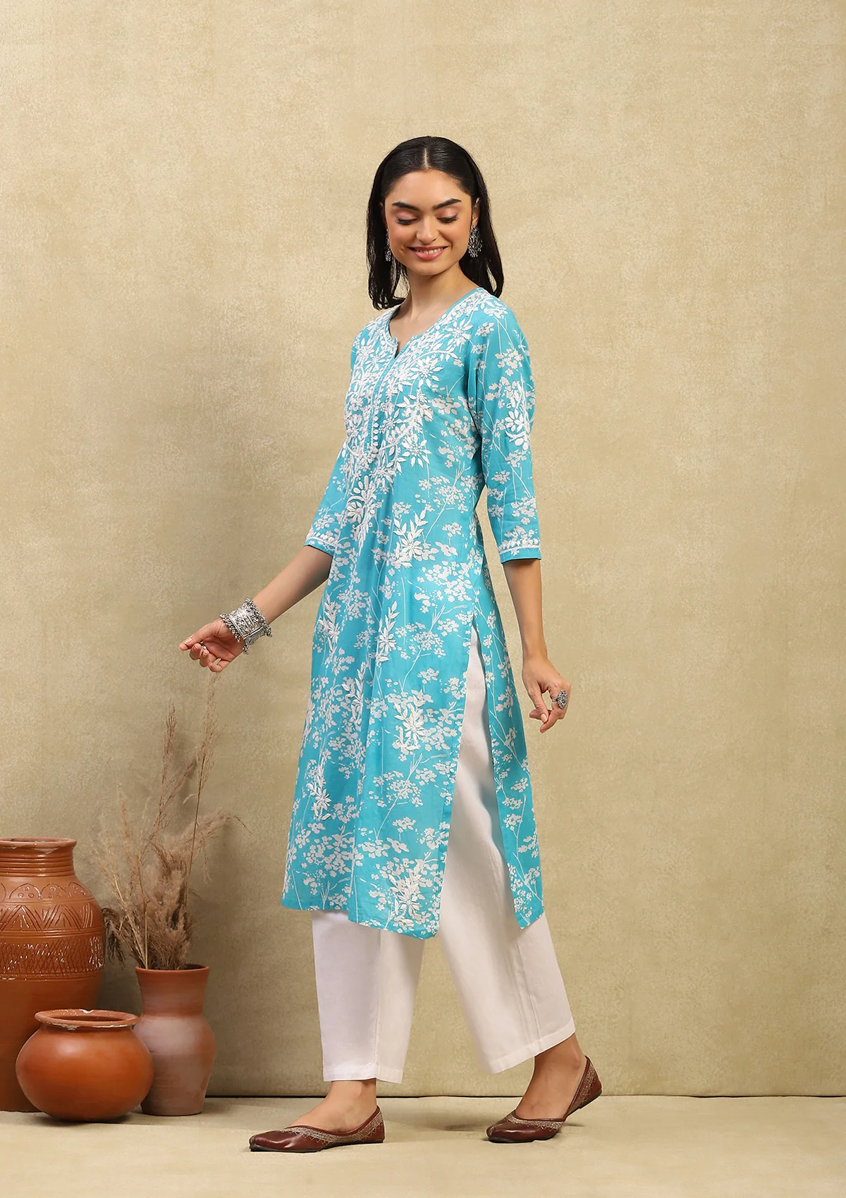 Zainab Mulmul Chikankari Printed Straight Kurta-Turquoise Blue - Image 3