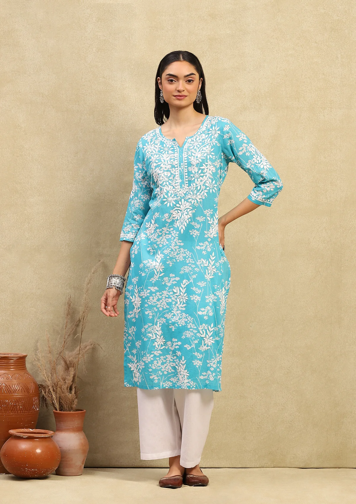 Zainab Mulmul Chikankari Printed Straight Kurta-Turquoise Blue - Image 4