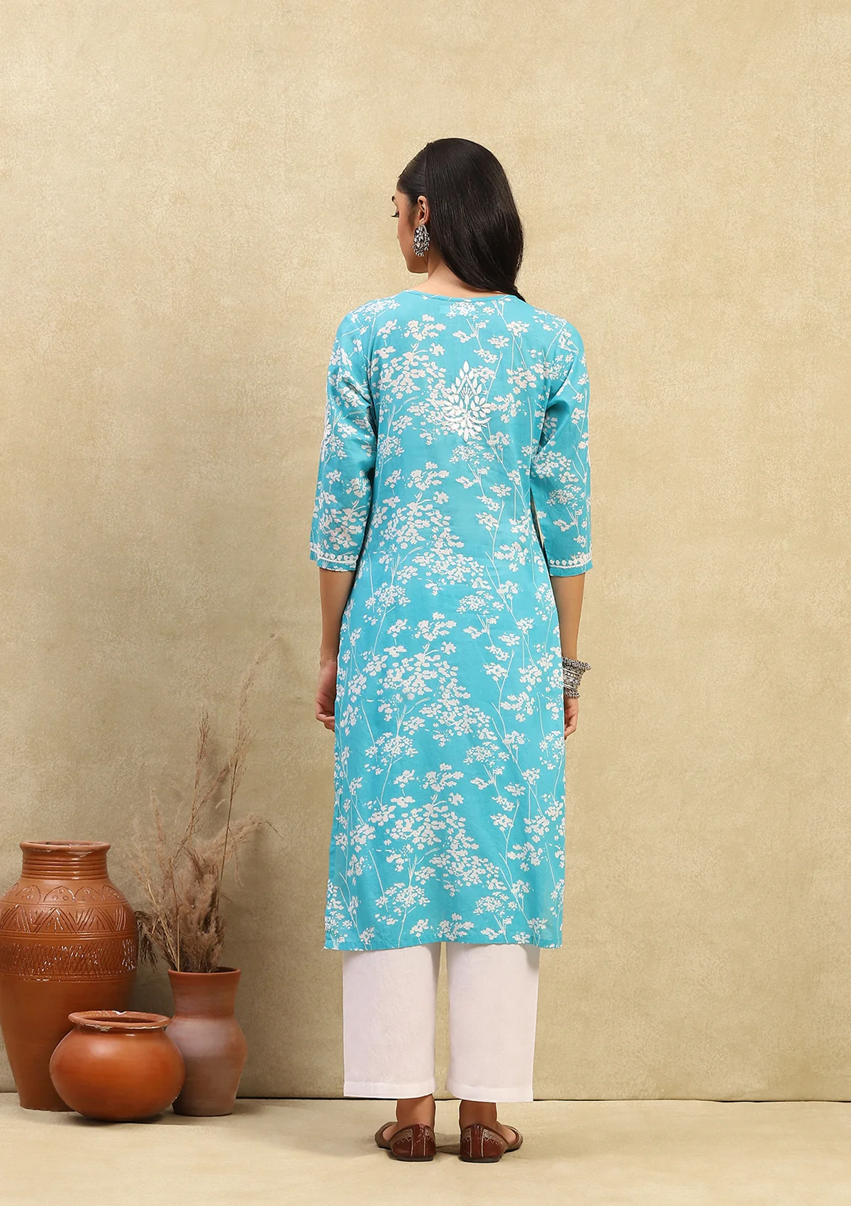 Zainab Mulmul Chikankari Printed Straight Kurta-Turquoise Blue - Image 5