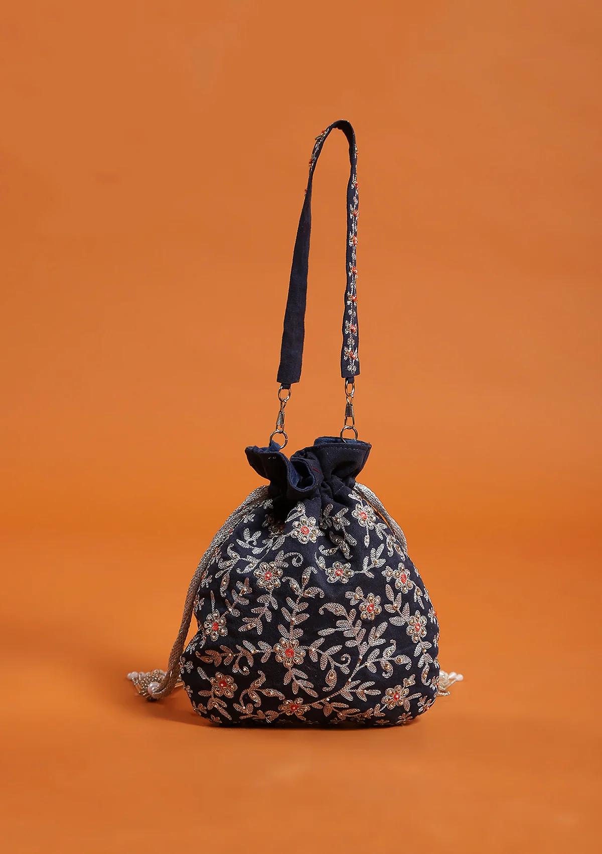 HOC Zari Suede Hand Embellished Potli-Navy Blue - Image 3