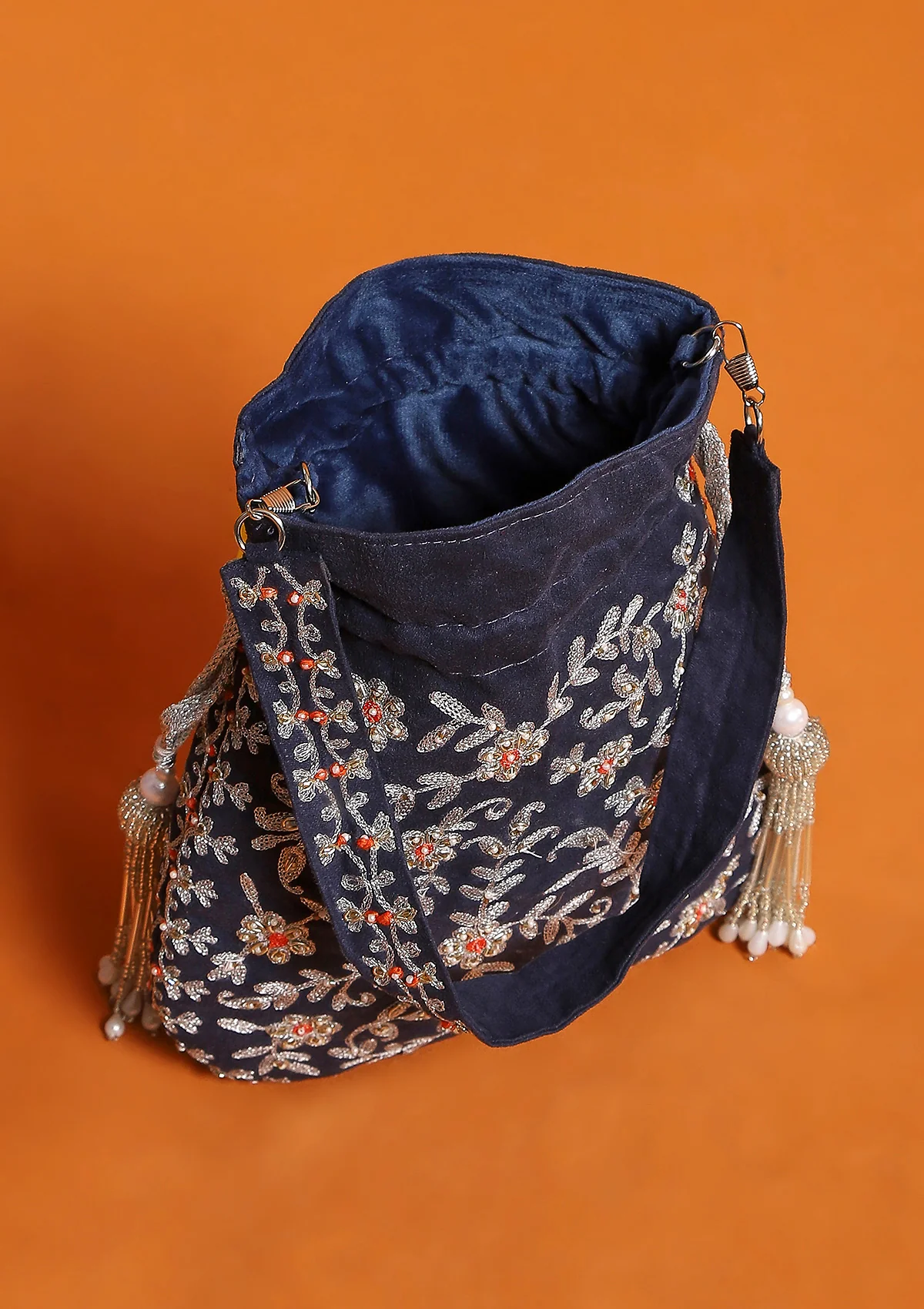 HOC Zari Suede Hand Embellished Potli-Navy Blue - Image 4